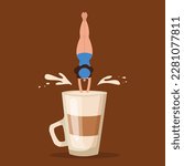Tiny woman in swimsuit diving into huge coffee cup. Morning routine or breakfast in cafe, female cartoon character swimming in coffee drink vector illustration. Coffee concept