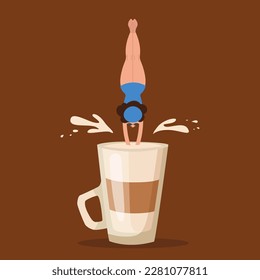 Tiny woman in swimsuit diving into huge coffee cup. Morning routine or breakfast in cafe, female cartoon character swimming in coffee drink vector illustration. Coffee concept