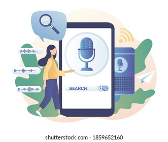 Tiny woman use voice controlled, search, activated digital assistants, voice identification in smartphone app. Voice assistant concept. Modern flat cartoon style. Vector illustration 