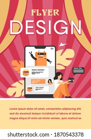 Tiny woman using mobile assistant with chatbot isolated flat vector illustration. Modern customer support online. Conversation and digital technology concept