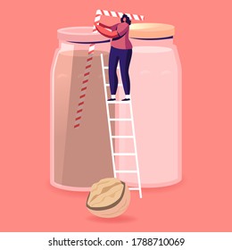 Tiny Woman Vegan Character Stand on Ladder Drinking Dairy Free Milk Made of Walnuts. Alternative Non Lactose Drink, Healthy Nut Beverage, Vegetarian Nutrition, Dieting. Cartoon Vector Illustration