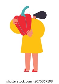 Tiny woman with Vegetables, pepper. Vector illustration. Funny colored typography poster, advertising, packaging print design, market, farmers market decoration. Vegetables concept. Isolated.