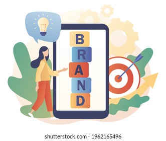 Tiny woman working on branding. BRAND - text on smartphone screen.Corporate identity. Company development. Self-positioning, individual brand strategy. Modern flat cartoon style. Vector illustration 