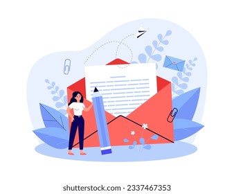 Tiny woman writing letter with pencil vector illustration. Cartoon character receiving or sending letter in envelope, communicating with people around world. Mail delivery and correspondence concept