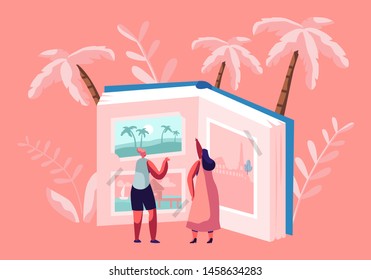 Tiny Women Characters Looking Traveling Pictures In Huge Photo Album, Tropical Beach Resort, European Sights, Summer Time Vacation, Memory Of Trip Experience, Journey. Cartoon Flat Vector Illustration