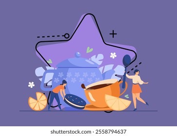 Tiny women drinking tea with cookie flat vector illustration. Cartoon girl rolling lemon slice to huge cup with hot beverage. Tea time and festive winter party work concept