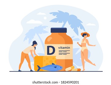 Tiny women eating fatty fish, vitamin D, cheese and sunbathing flat vector illustration. Cartoon ladies using food supplements for deficiency reduction. Wellbeing and health concept