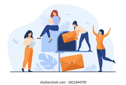 Tiny women getting mail from mailbox flat vector illustration. Cartoon people reading newsletter or social news. Marketing and mail service for business concept