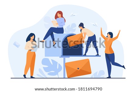 Tiny women getting mail from mailbox flat vector illustration. Cartoon people reading newsletter or social news. Marketing and mail service for business concept