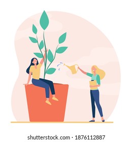 Tiny women growing and watering potted plant. Pot, leaf, greenery flat vector illustration. Home gardening and ecology concept for banner, website design or landing web page