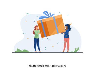 Kleine Frauen, die Geschenkbox halten. Gegenwart, Band, Glück flach Vektorgrafik. Feierlichkeiten und Urlaubskonzept für Banner, Website-Design oder Landing-Webseite