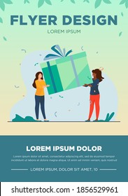 Tiny women holding gift box. Present, ribbon, happiness flat vector illustration. Celebration and holiday concept for banner, website design or landing web page