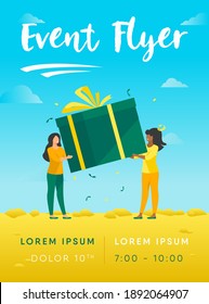 Tiny women holding gift box. Present, ribbon, happiness flat vector illustration. Celebration and holiday concept for banner, website design or landing web page