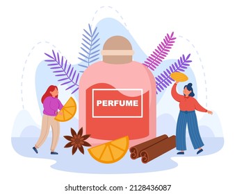 Tiny women with huge perfume bottle flat vector illustration. Girls creating new fragrance or flower deodorant, adding cinnamon, orange scent for good body smell. Aromatherapy, cosmetic concept