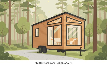 Tiny wooden mobile home on wheels sits along a winding path surrounded by a dense pine tree forest.