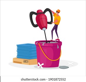 Tiny Worker or Handyman Male Character in Uniform and Helmet Stand on Huge Bucket Mixing Cement Mortar with Special Equipment for Ceramics Tile Laying Renovation Works . Cartoon Vector Illustration