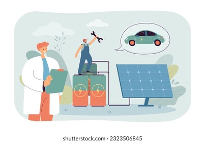 Tiny worker on batteries for electronic car vector illustration. Cartoon drawing of automobile batteries connected to solar panel. Innovation, transportation, technology, sustainability concept