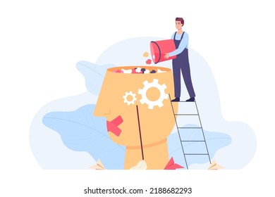 Tiny worker putting garbage in big human head. Internet propaganda or fake news, man littering mind of person flat vector illustration. Brainwashing, information, social media concept for banner