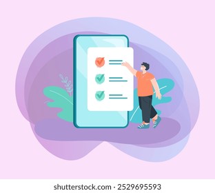 Trabalhador minúsculo mostrando lista de verificação em tela de telefone enorme. Homem com lista de tarefas ou requisitos ilustração vetor plana. Conceito de gerenciamento de tempo, organização, emprego para banner ou página da web inicial