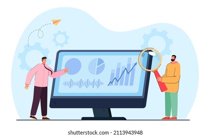 Tiny workers analyzing graphs and pie charts on computer screen. Business persons studying statistics flat vector illustration. Development, marketing concept for banner, website design, landing page