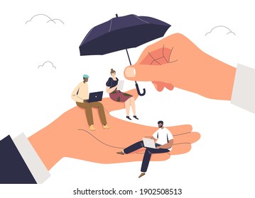 Tiny Workers At Giant Hand Of Employer And Under Protective Umbrella With Concept Of Employee Care. Professional Support, Work Balance And Wellbeing And Protection. Flat Vector Illustration