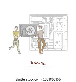 Tiny workers holding hardware part, HDD replacement, technology repair shop, computer maintenance service banner