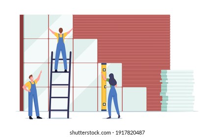 Tiny Workers Male and Female Characters with Huge Level and Ladder Laying Ceramics on Wall. Professional Repairman Service, Home Renovation and Construction Works. Cartoon People Vector Illustration