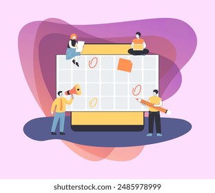Tiny workers marking events in big appointment calendar. Busy people planning future tasks online via planner reminder app flat vector illustration. Deadline, time management concept
