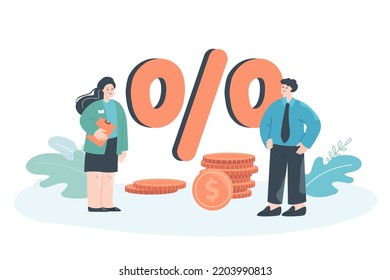 Tiny workers watching percentage of profits fall. Flat vector illustration. Huge arrow pointing down, employees sitting on coins, preventing losses. Financial crisis, reduction, decrease concept