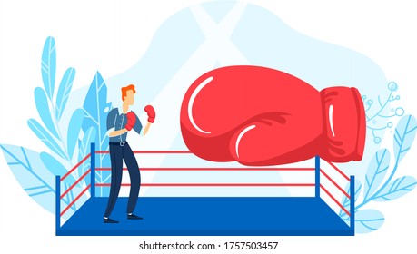 Tiny young businessman fight boxing glove, concept competition industrial struggle market isolated on white, flat vector illustration. Ring wrestling lead business project, world crisis.