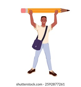 Tiny young confident male student character in white shirt standing with giant wooden pencil cartoon. Happy man holding big pencil to write letter or draw