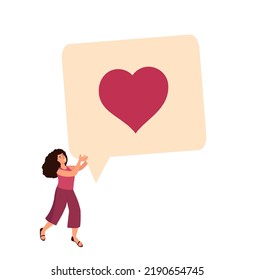 Tiny young confident woman carry giant heart button.Like buttons image design.Cartoon characters.Colorful flat vector illustration on wite background.
