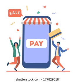 Pequeños jóvenes que pagan con tarjeta de plástico a través de aplicación móvil. Smartphone, en línea, almacenar ilustración vectorial plana. Concepto de compras y tecnología digital para banner, diseño de sitios web o página web de aterrizaje