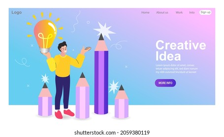 Pequeño joven lleva una gran bombilla. personas con iconos de ideas creativas. Concepto de creatividad, pensamiento creativo, innovador, innovación, inspiración para artista, creador. Vector de color plano.