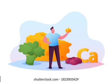 Tiny Young Man Hold Piece of Cheese with Huge Broccoli and Eggs as Source of Calcium. Healthy Organic Food Nutrition, Character Eating Fresh Natural Fortified Products. Cartoon Vector Illustration