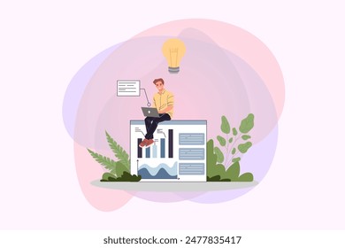 Tiny young man with laptop sitting on huge financial data sheet. Startuper analyzing profit vector illustration with lightbulb on abstract background. Startup project, financial report concept
