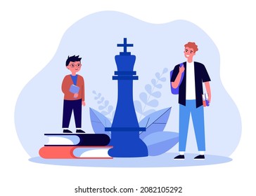 Tiny young man teaching student how to play chess. Chessman surrounded by characters and books flat vector illustration. Chess, learning, education concept for banner, website design, landing web page