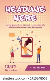 Tiny young people listening woman on smartphone screen. Phone, loudspeaker, network flat vector illustration. Advertising and digital technology concept for banner, website design or landing web page