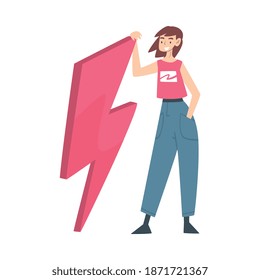 Tiny Young Woman Holding Huge Lightning Cartoon Style Vector Illustration