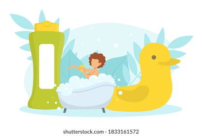 Tiny Young Woman Lying in Bathtub Full of Soap Foam, Huge Rubber Duck Toy and Shampoo Bottle, Bath Time Concept Cartoon Style Vector Illustration