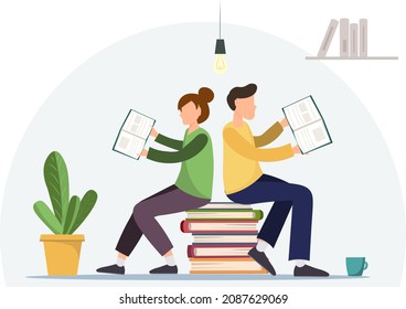 Kleine junge Frau und Mann lesen Buch mit einer Tasse Tee und Pflanzen auf dem Hintergrund, Hobbies-Konzept, flache Vektorgrafik