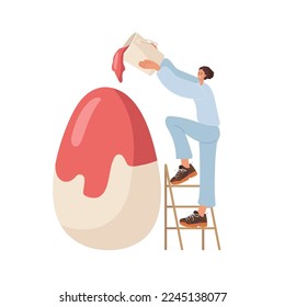 Pequeña joven pintando huevo de Pascua. Chica sobre la escalera y se pega pintura del cubo. Vacaciones religiosas de primavera. El huevo grande de Pascua aisló la ilustración vectorial sobre fondo blanco. Feliz Pascua.