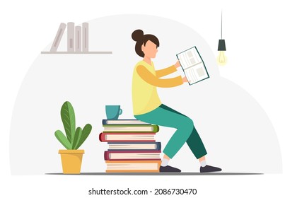 Pequeña joven mujer leyendo un libro con una taza de té y plantas en el fondo, concepto de hobbies, ilustración vectorial plana