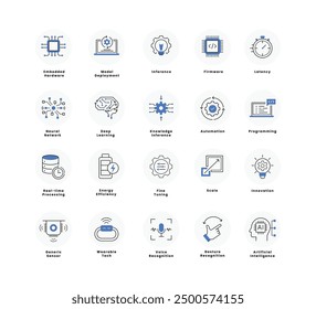 TinyML und AI Technology Icon Set - Neuronale Netzwerke, Modellbereitstellung, Wearable Tech und mehr.