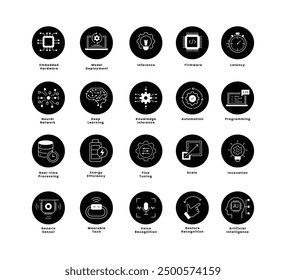 TinyML und AI Technology Icon Set - Neuronale Netzwerke, Model Deployment, Wearable Tech und mehr.Vektorgrafik Editierbarer Strich und Farben.