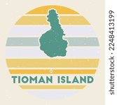 Tioman Island logo. Sign with the map and colored stripes, vector illustration. Can be used as insignia, logotype, label, sticker or badge of the Tioman Island.