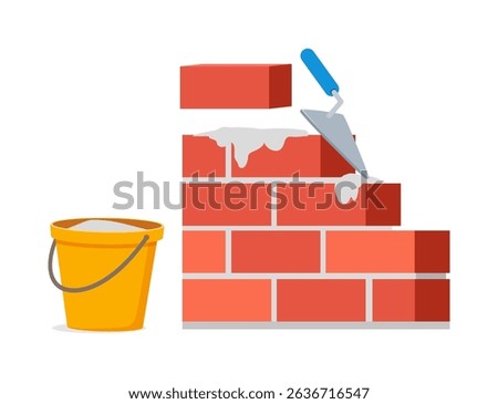 tion of bricklaying with bricks, trowel, and bucket of mortar, construction progress