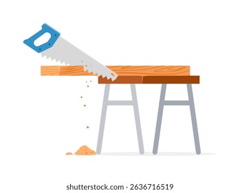 tion of a hand saw cutting a plank of wood on a sawhorse
