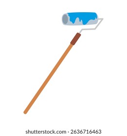 tion of a paint roller with blue paint on a white background