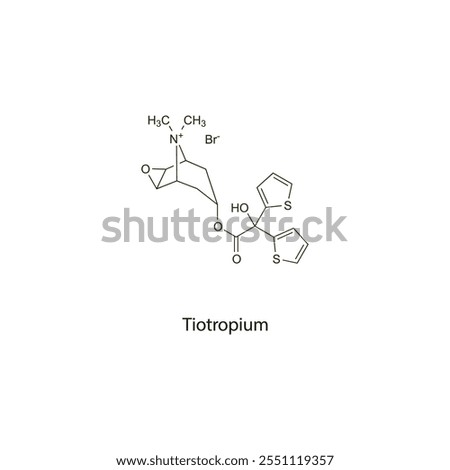 Tiotropium Bromide flat skeletal molecular structure Anticholinergic drug drug used in COPD, Asthma treatment. Vector illustration scientific diagram.